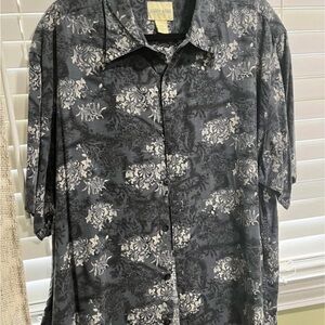 Joseph & Feiss Black and Gray Floral Silk Shirt 100% SILK